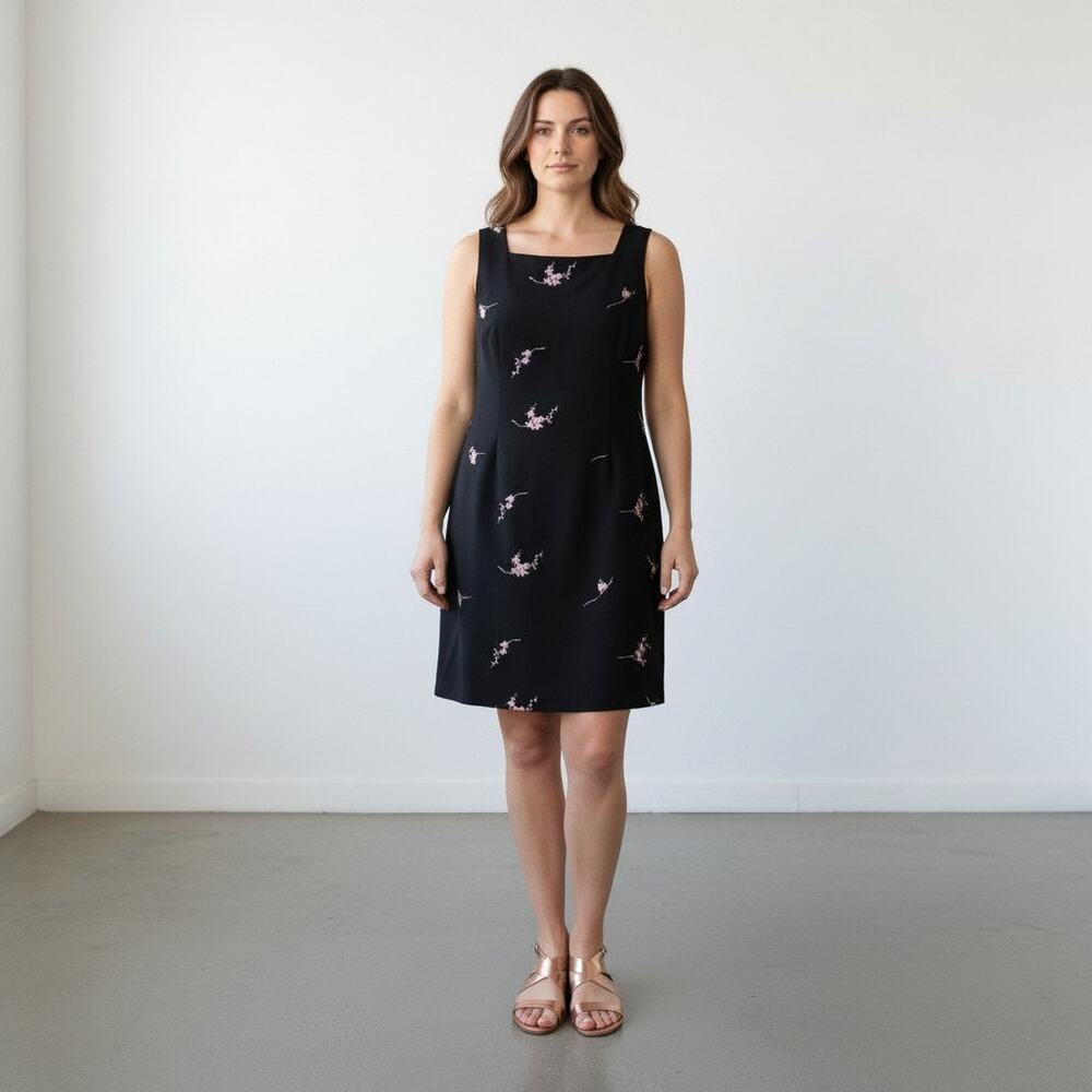 Vtg Jones New York Black Cherry Blossom Embroidered Square Neck Sheath Dress 12P